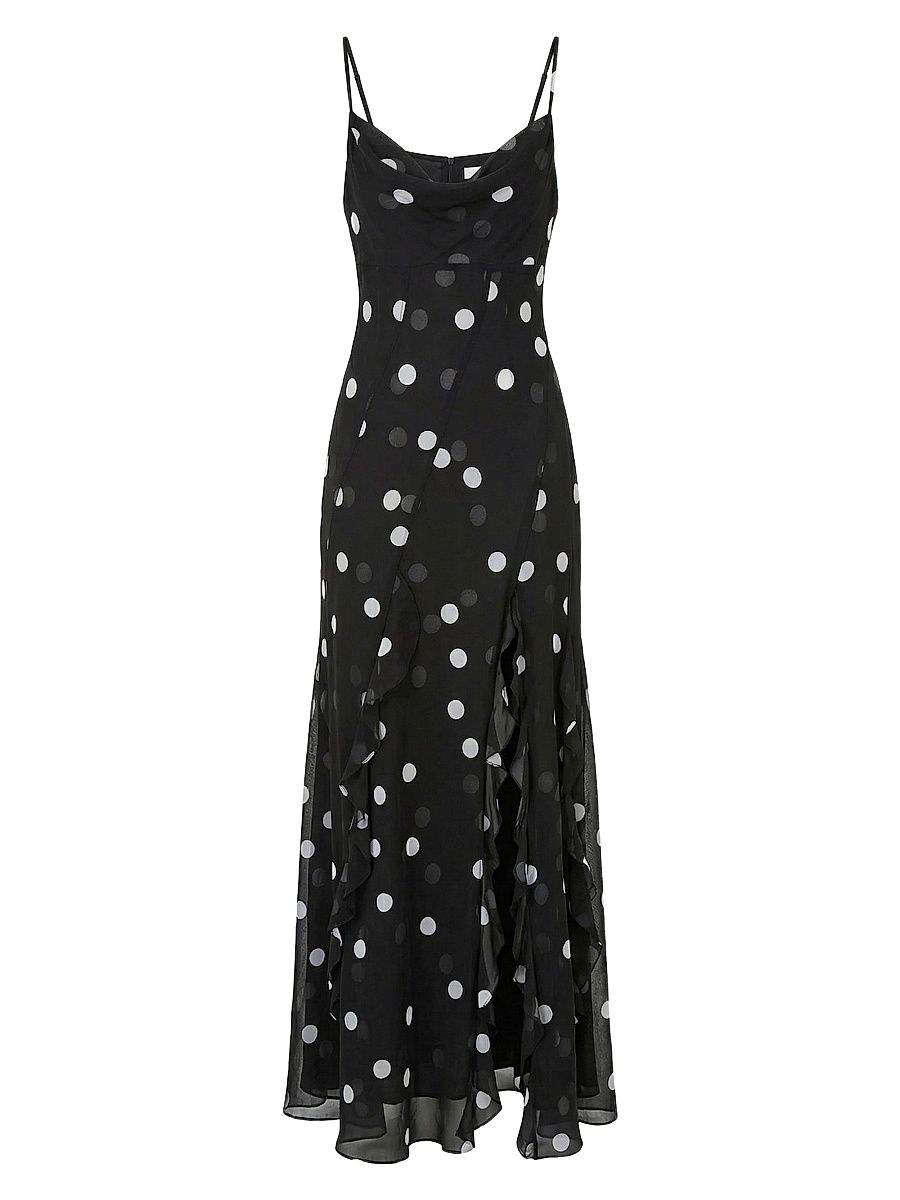 Women's Kamila Ruffled Polka Dot Georgette Gown - Scattered Dot Black - Size 12
