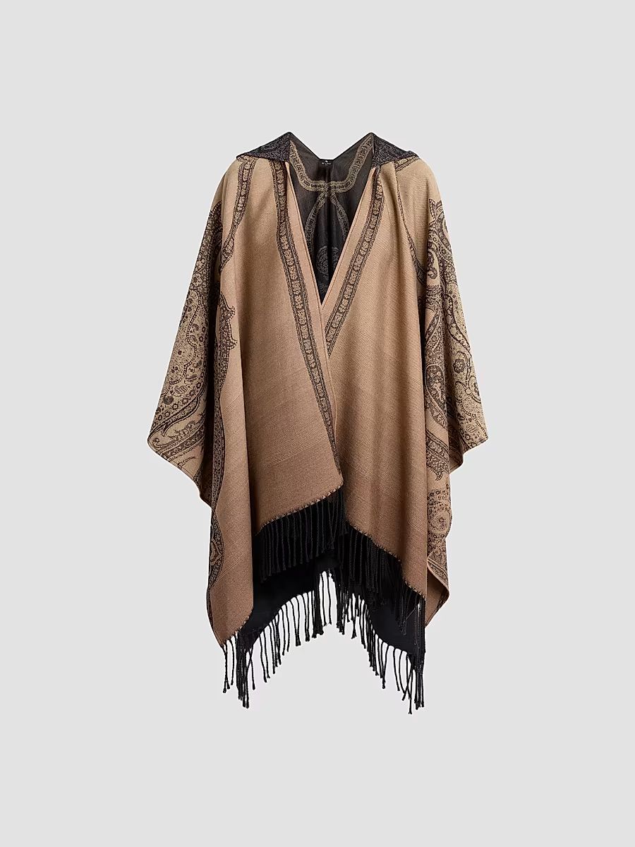Women's Printed Wool Fringe Cape - Printed Black Base