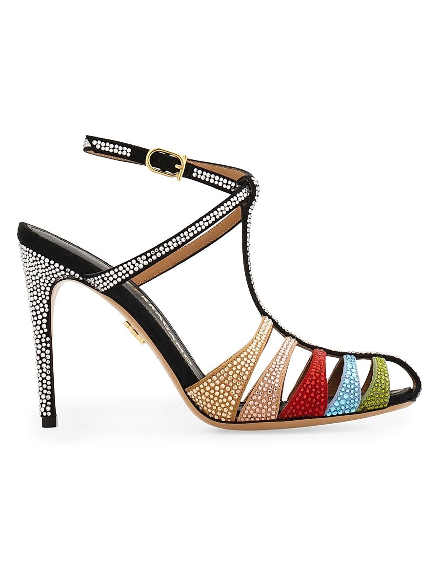 Women's Lipa 95MM Crystal-Embellished Suede Stiletto Sandals - Nero Corn Green Washed Denim - Size 11