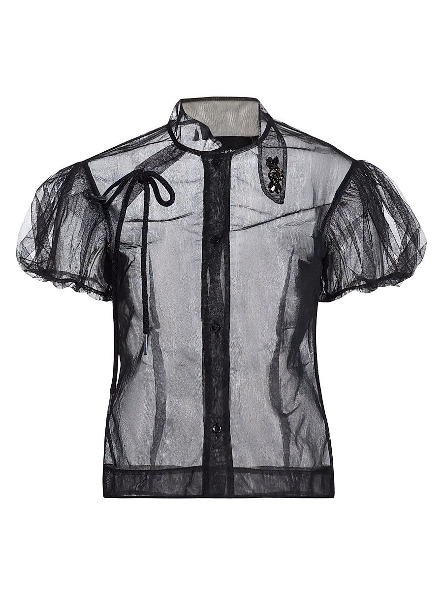 Women's Embellished Sheer Puff-Sleeve Shirt - Black Jet - Size 6