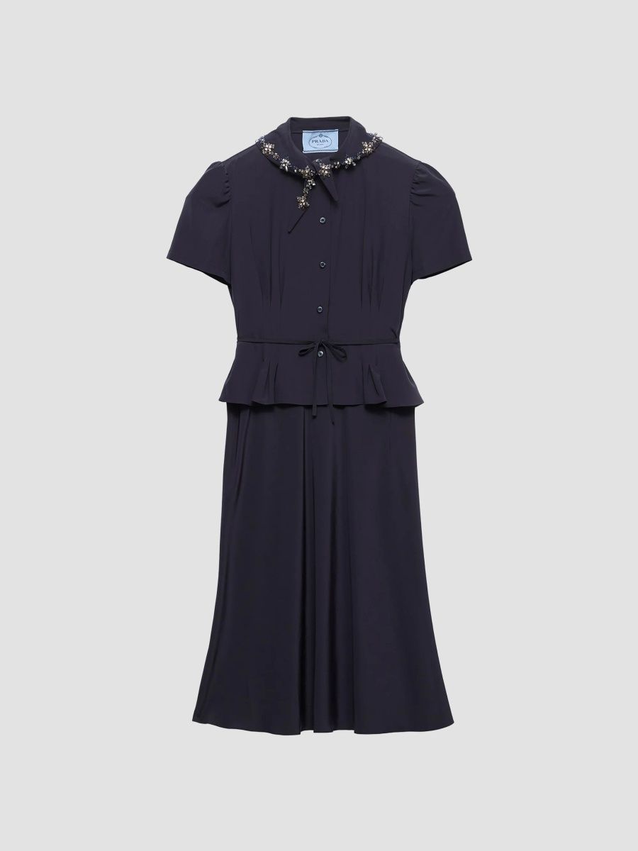 Prada Women's Embroidered Marocain Dress - Blue - Size 8