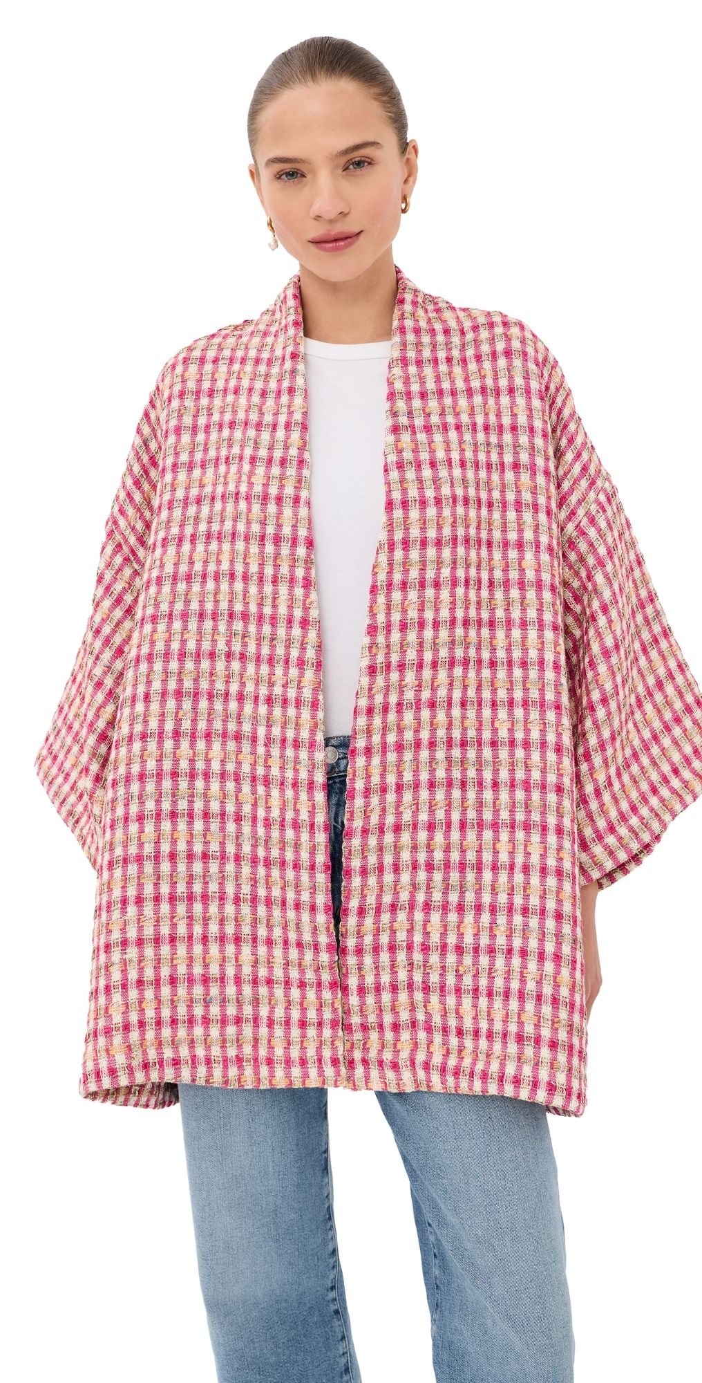 La Vie Style House Metallic Tweed Mini Duster Pink & Tan One Size