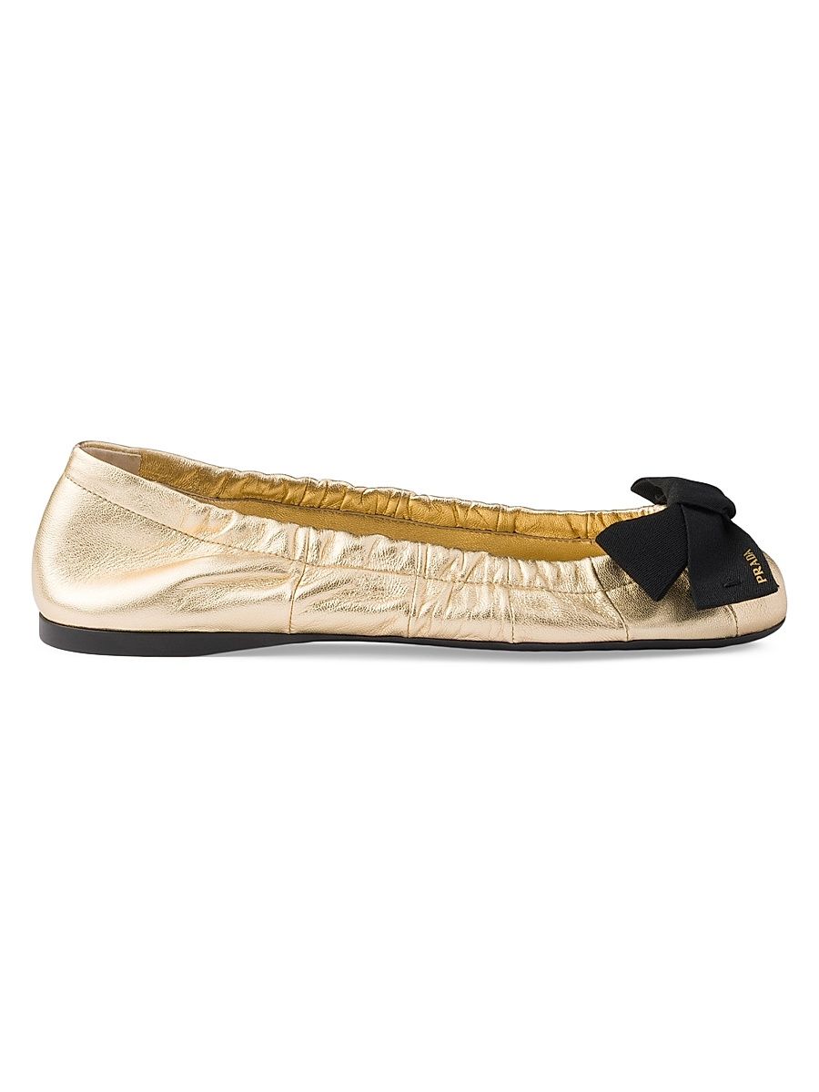 Women's Mordoré Nappa Leather Ballerinas with Bow - Golden - Size 11