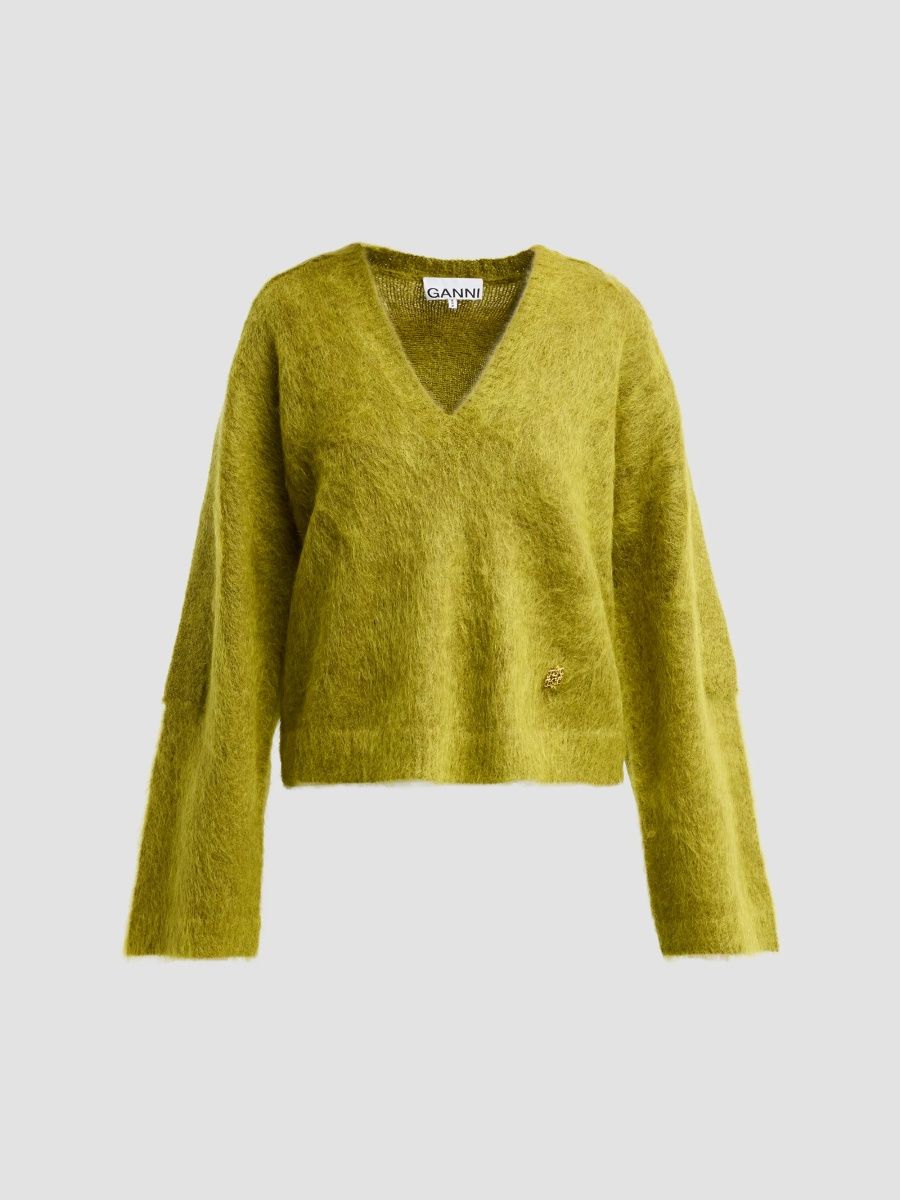 Ganni Women's Brushed Mohair V-Neck Sweater - Military Olive - Size XL