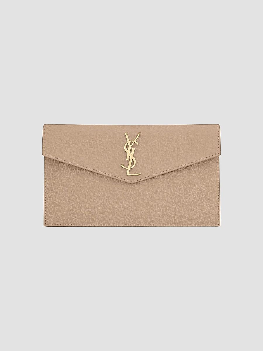 Saint Laurent Women's Uptown Pouch in Grain De Poudre Embossed Leather - Dark Beige