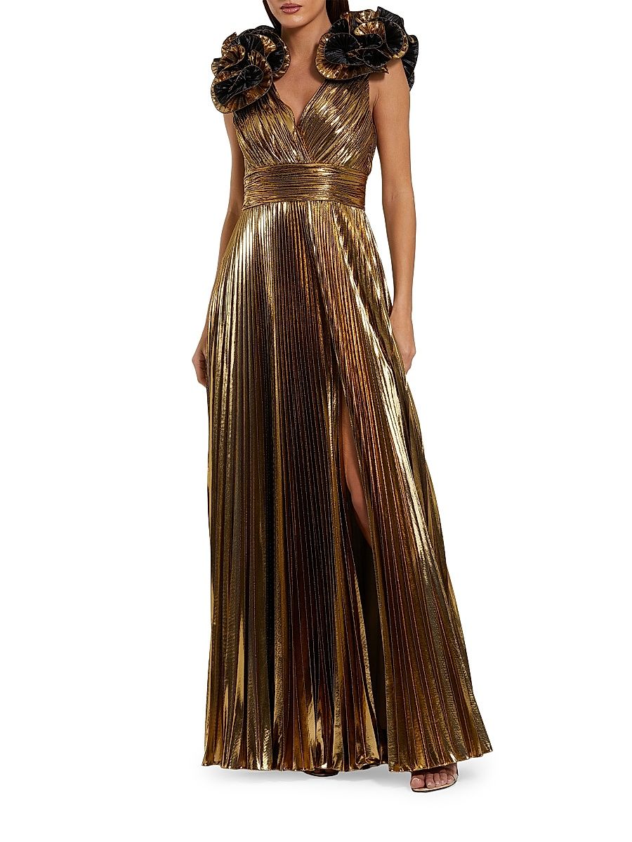 Women's Pleated Metallic Ruffle-Trim Gown - Antique Gold - Size 14