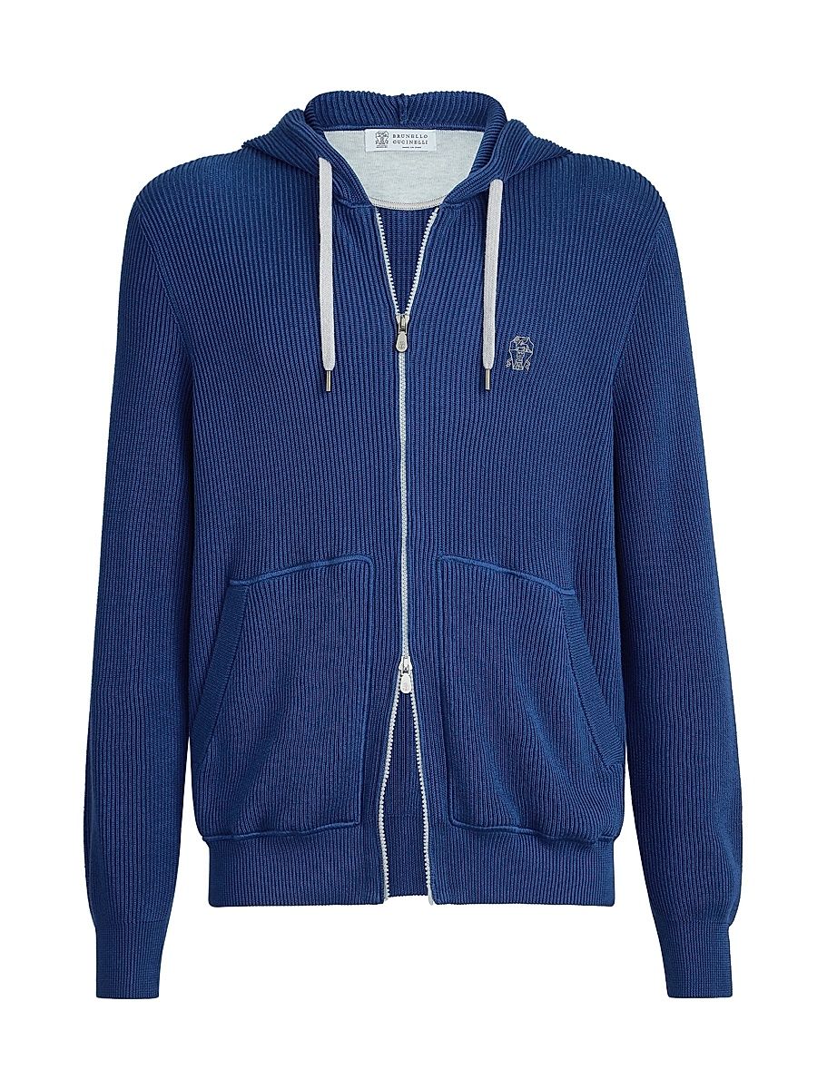 Men's Cotton English Rib Knit Hooded Sweatshirt with Logo and Zipper - Avio Blue - Size XS