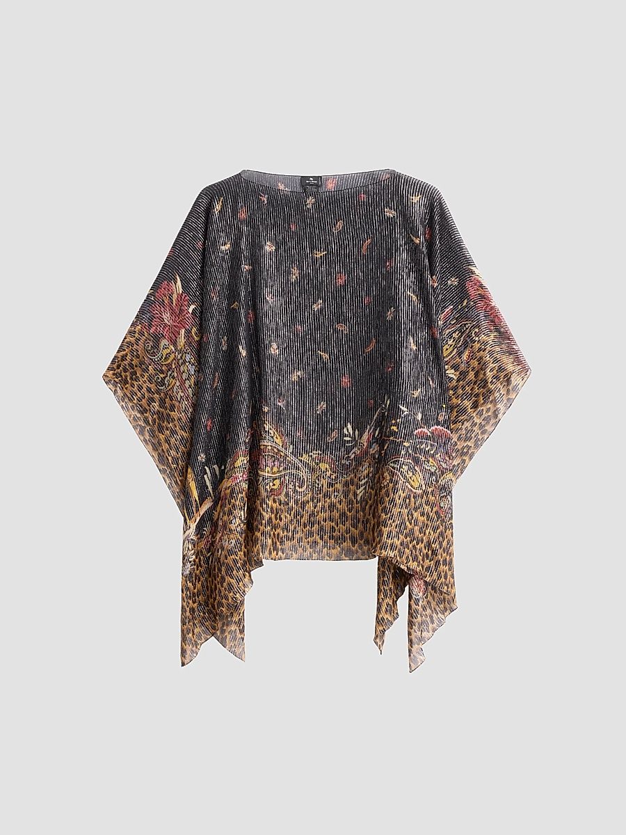 Women's Faded Leopard Silk Tasseled Poncho - Printed Black Base