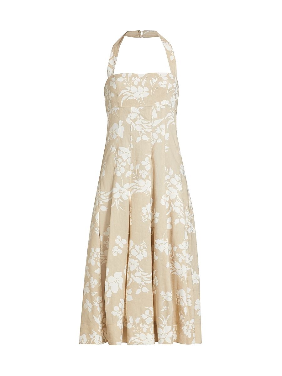 Women's Amalia Floral Linen-Blend Halter Midi-Dress - Stone Khaki Off White - Size 8