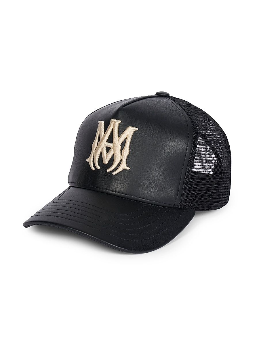 Men's Logo Leather Trucker Cap - Black