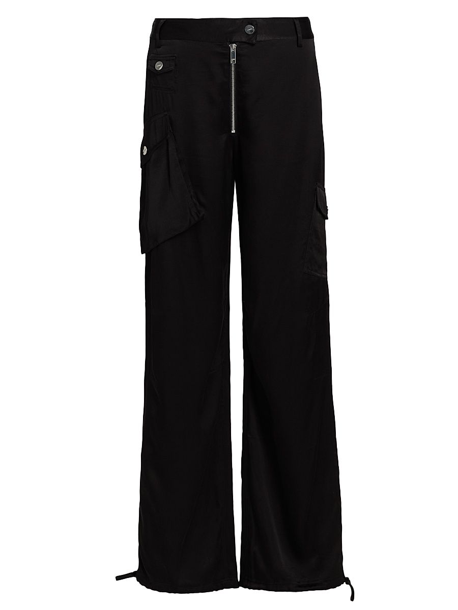 Women's Washed Satin Cargo Pants - Black - Size 14