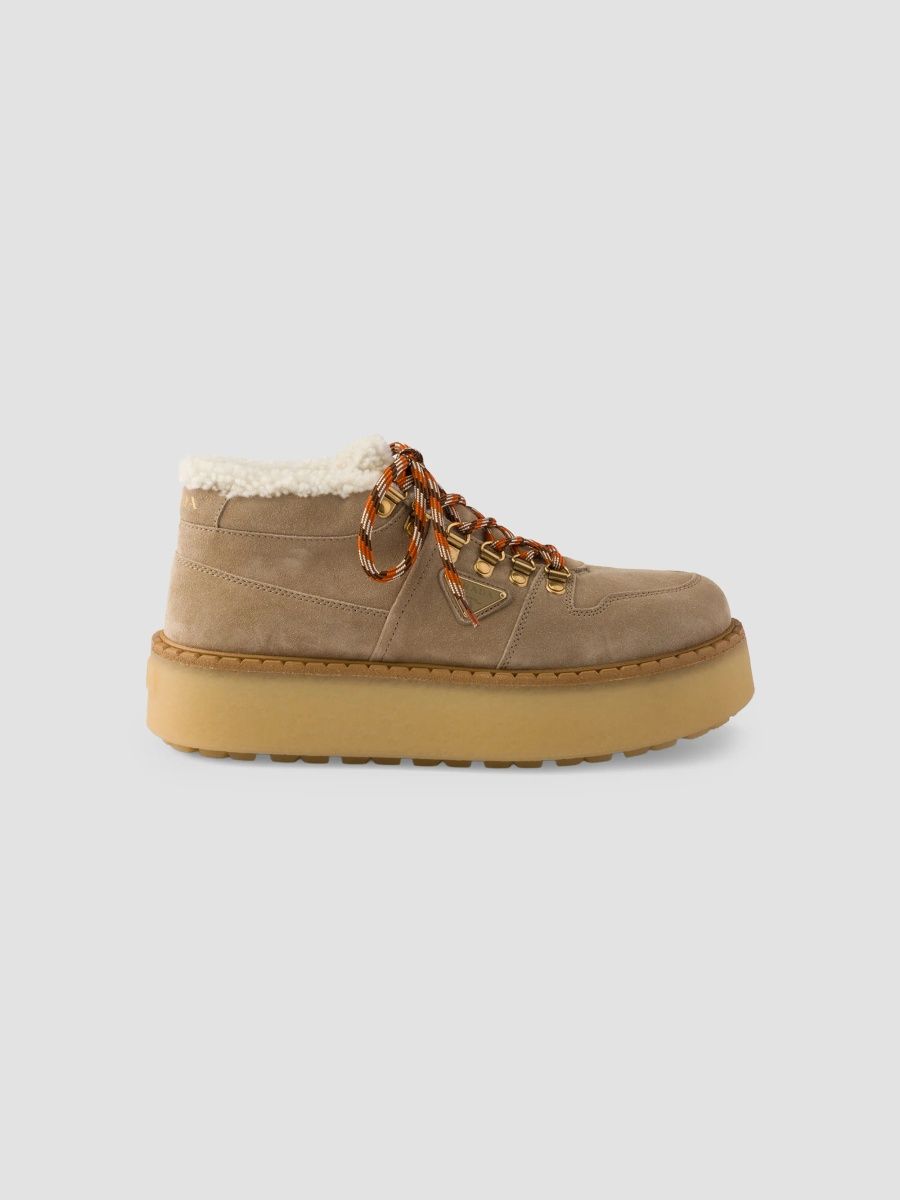 Prada Women's Shearling-Lined Suede Booties - Beige Khaki - Size 10