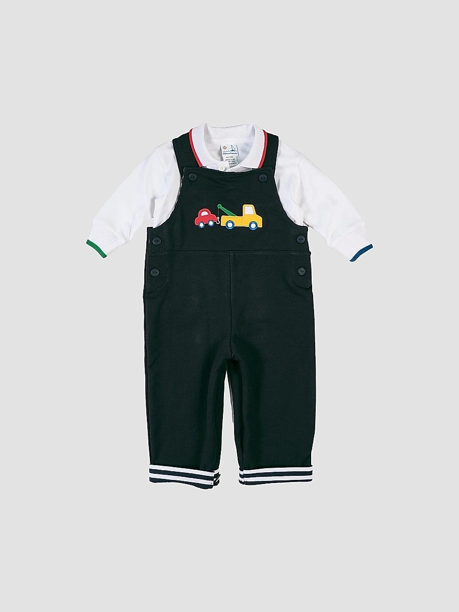 Baby Boy's French Terry Knit Polo Shirt & Overalls - Navy Blue - Size 24 Months