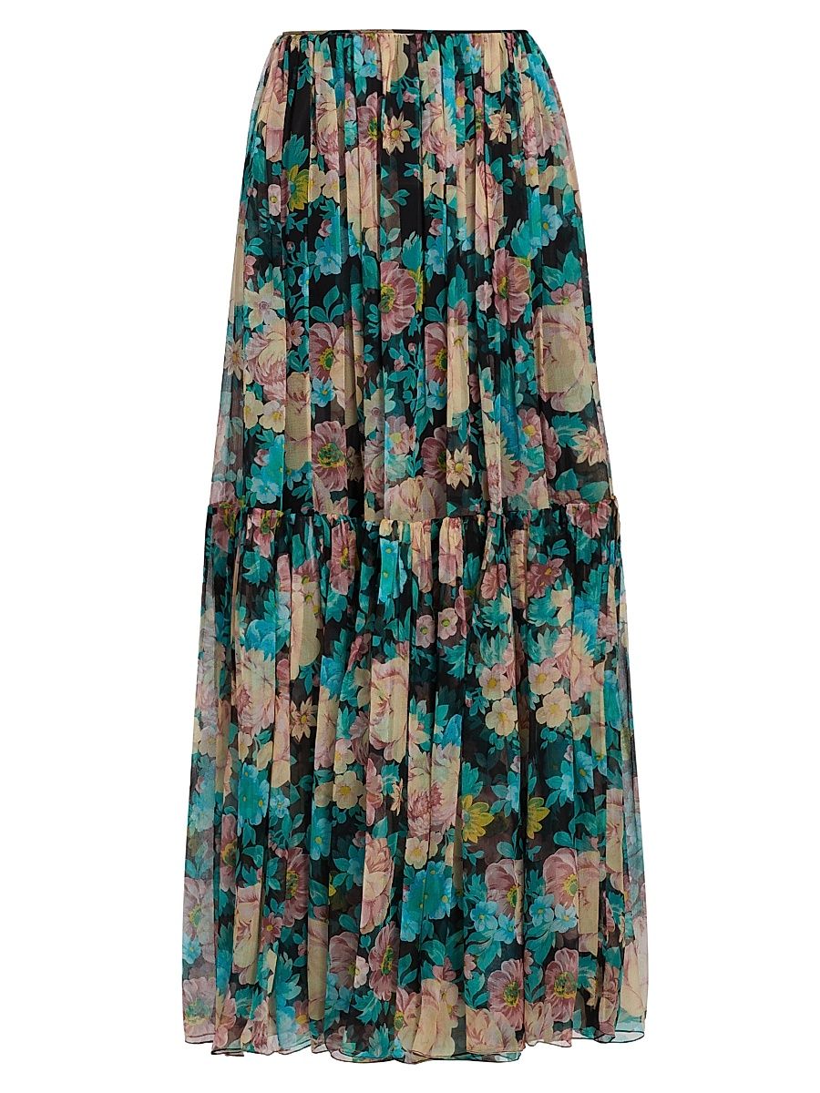 Women's Floral Silk Maxi Skirt - Cloudy Turquoise - Size 6
