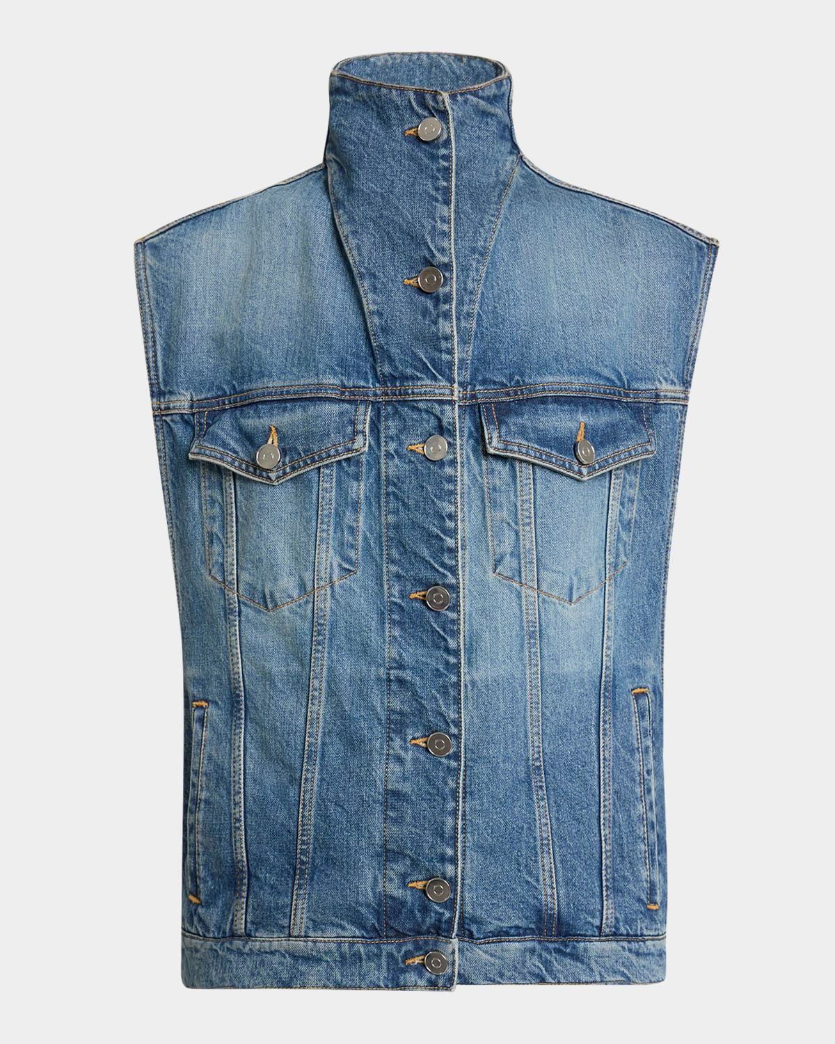 High-Neck Denim Trucker Vest