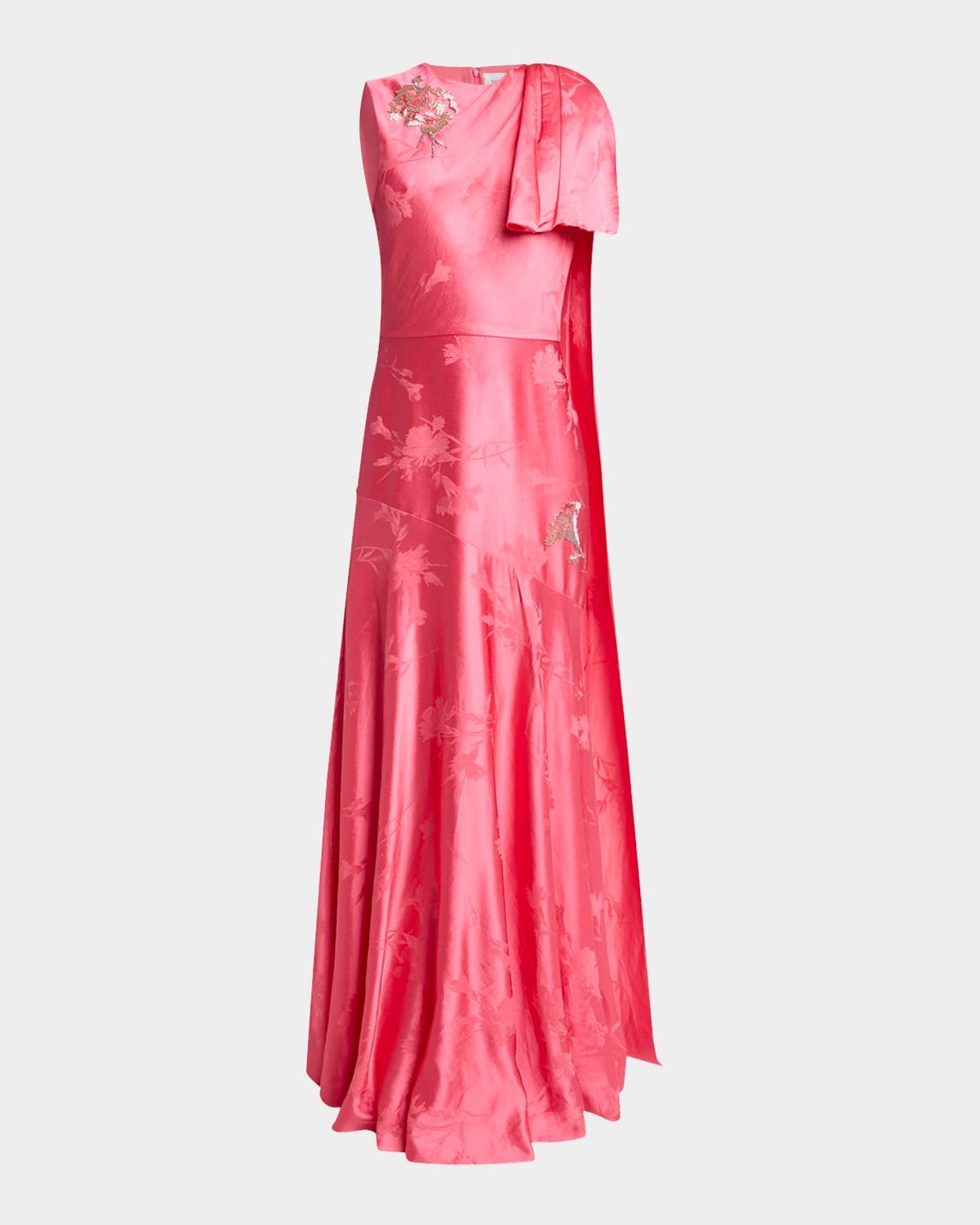 Asymmetric Drape Floral Silk Jacquard Gown
