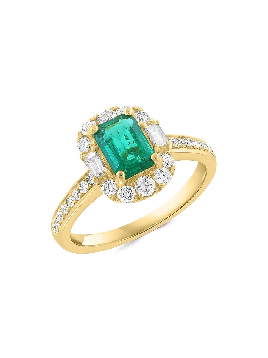 Women's 18K Yellow Gold, Emerald & 0.62 TCW Diamond Halo Ring - Yellow Gold - Size 7