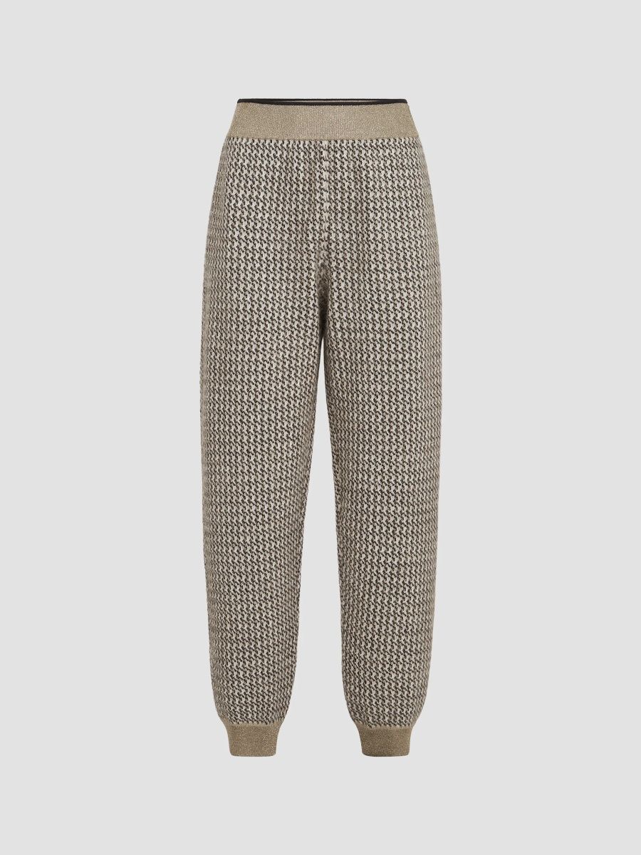 Brunello Cucinelli Women's Mohair, Virgin Wool and Cashmere Sparklin Ghoundstooth Knit Track Trousers - Light Brown - Size XXL
