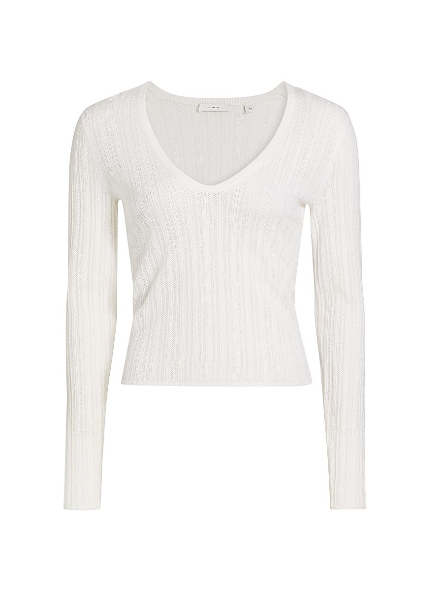 Women's Pointelle Wool-Blend V-Neck Sweater - Off White - Size XL