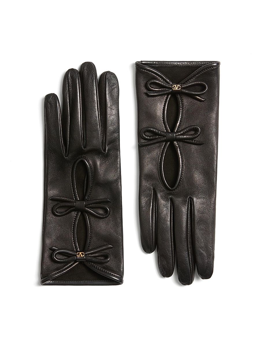 Women's Vlogo Signature Nappa Leather Gloves with Bows - Black - Size 8