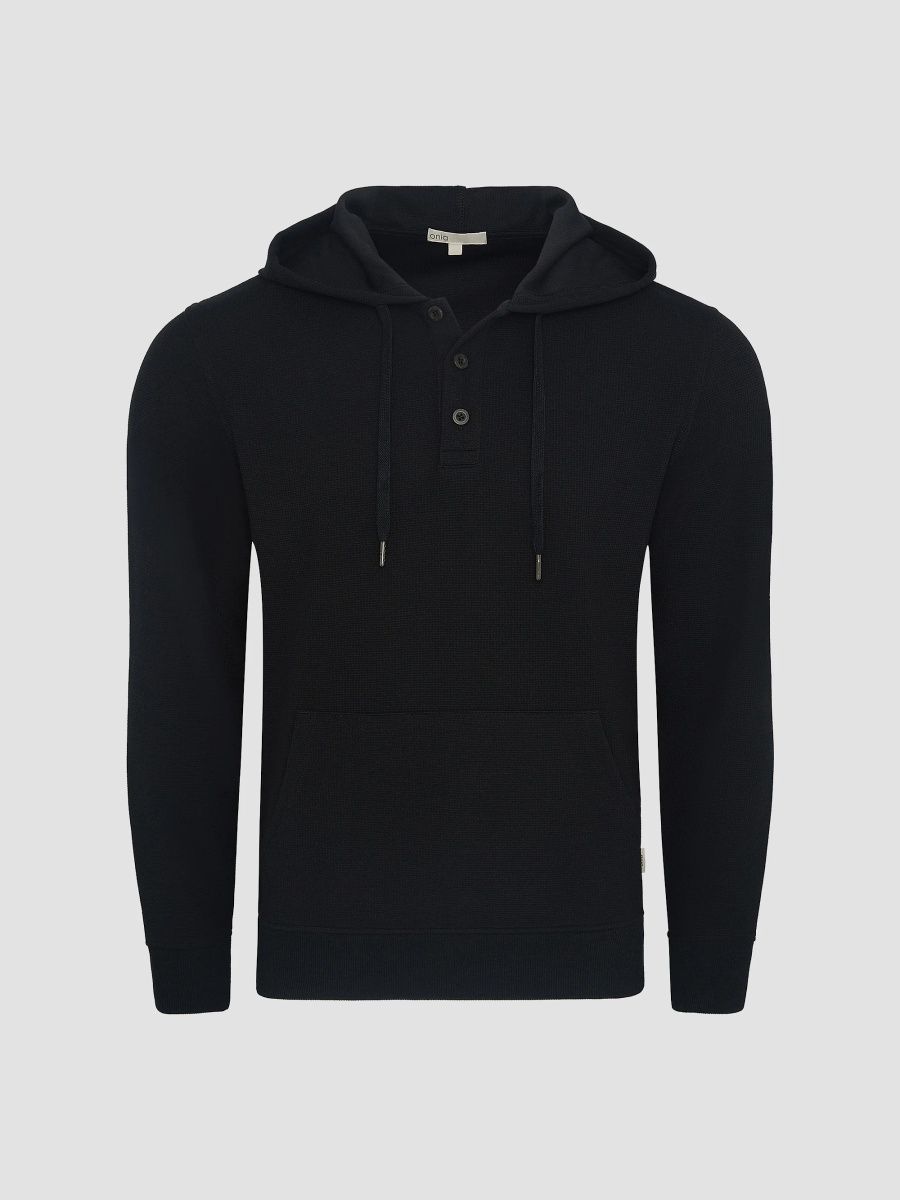 Onia Men's Waffle Half Button Hoodie - Black - Size Small