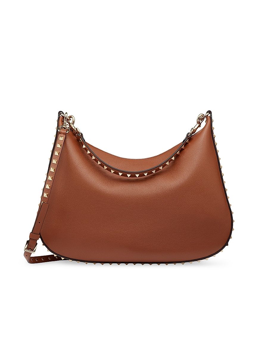 Women's Rockstud Hobo Bag in Grainy Calfskin - Saddle Brown