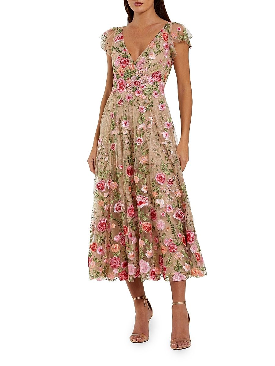 Women's Floral Embroidered Mesh V-Neck Midi-Dress - Beige Multi - Size 16
