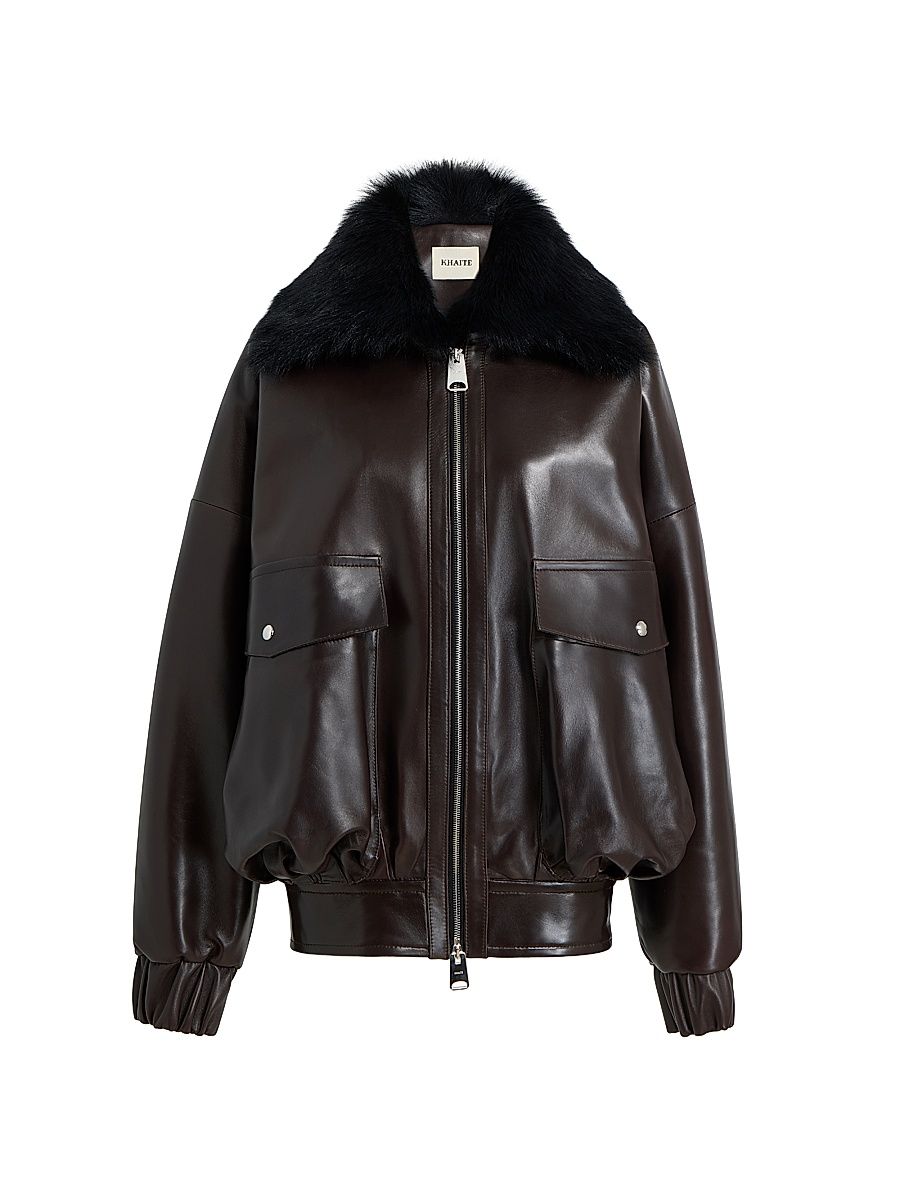 Women's Daemon Shearling-Collar Leather Jacket - Mud - Size Small