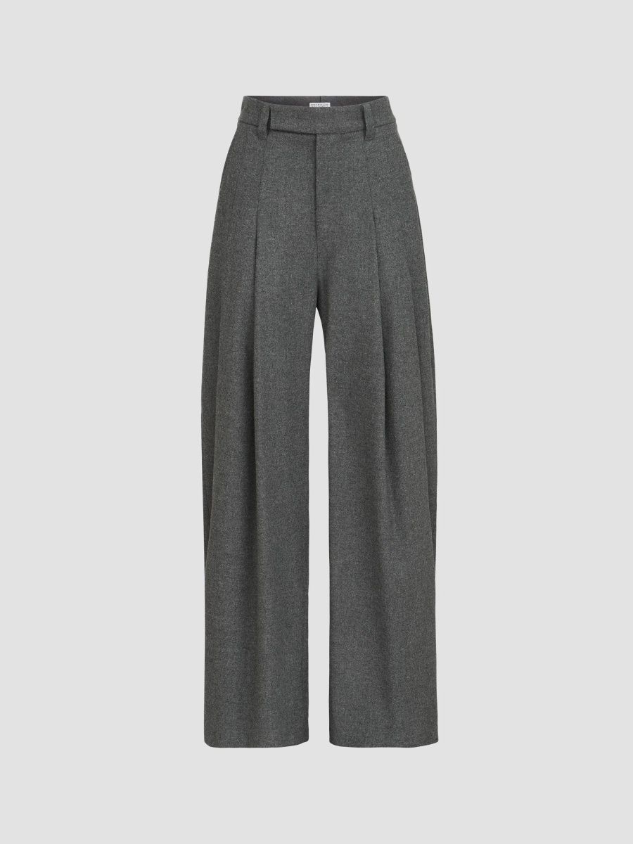 Brunello Cucinelli Women's Virgin Wool and Cashmere Twill Flannel Pleated Barrel Trousers - Stone Grey - Size 14