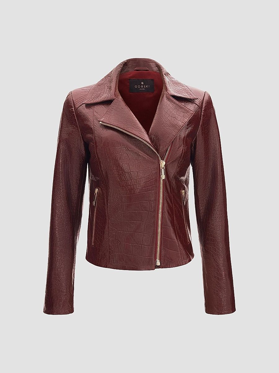 Gorski Women's Select Nappa Leather Croco Embossed Jacket - Burgundy - Size Large