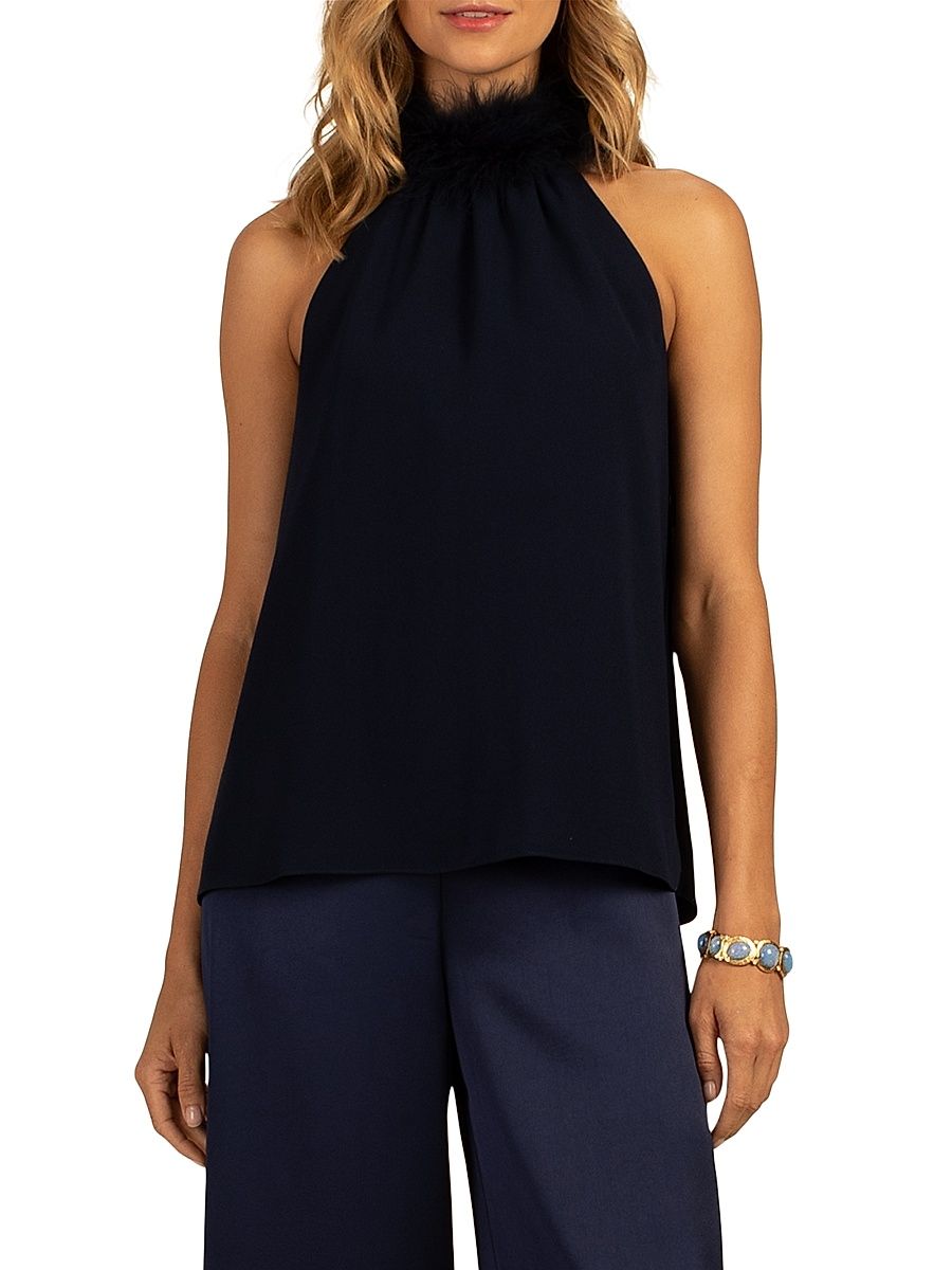 Women's Grand Faux Feather Halterneck Top - Ink - Size Large