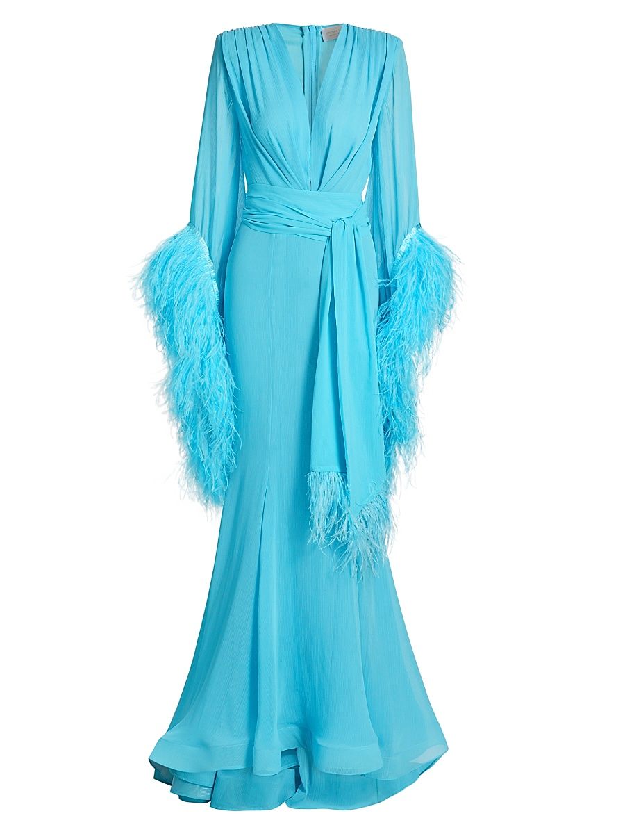 Women's Geisha Plunge Feather-Cuff Gown - Teal - Size Small