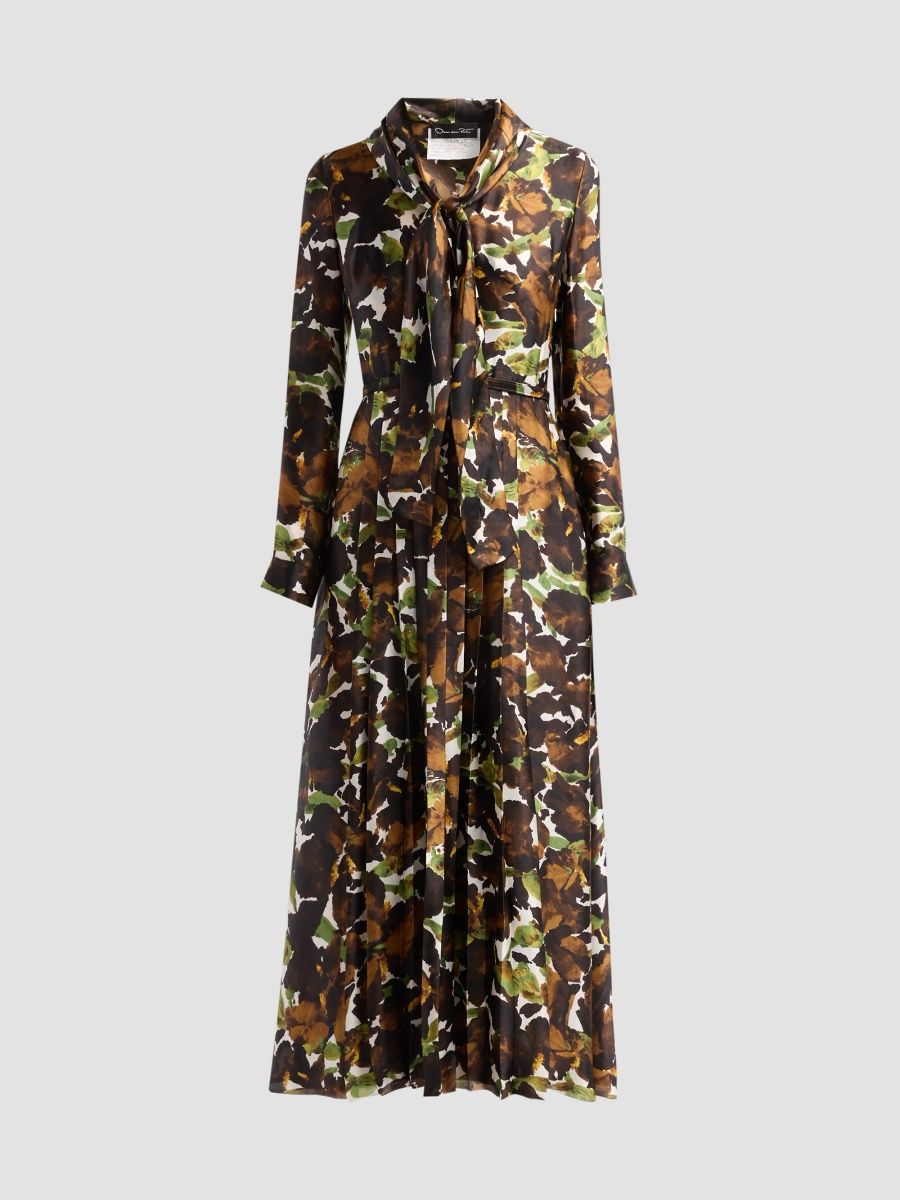 Oscar de la Renta Women's Watercolor Iris Satin Chiffon Day Dress - Brown Ivory - Size 16