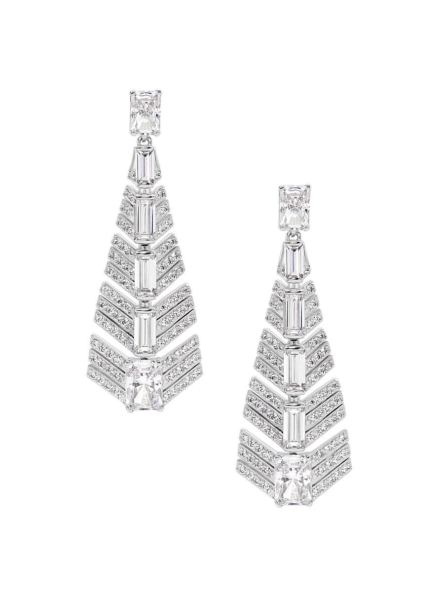 Women's Naomi Deco Sterling Silver & Cubic Zirconia Feather Drop Earrings - Silver