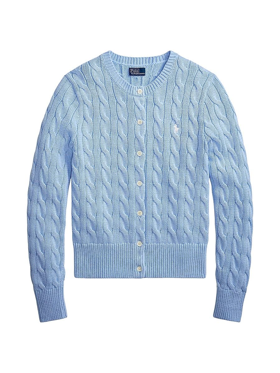 Women's Logo Cable-Knit Cotton Cardigan - Baby Blue - Size XS