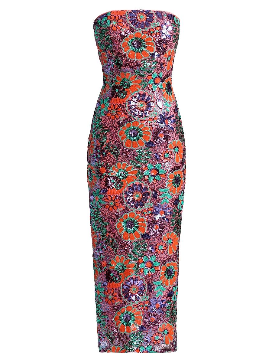 Women's Bonnie Floral Sequin Strapless Midi-Dress - Coral Sequin Combo - Size 14
