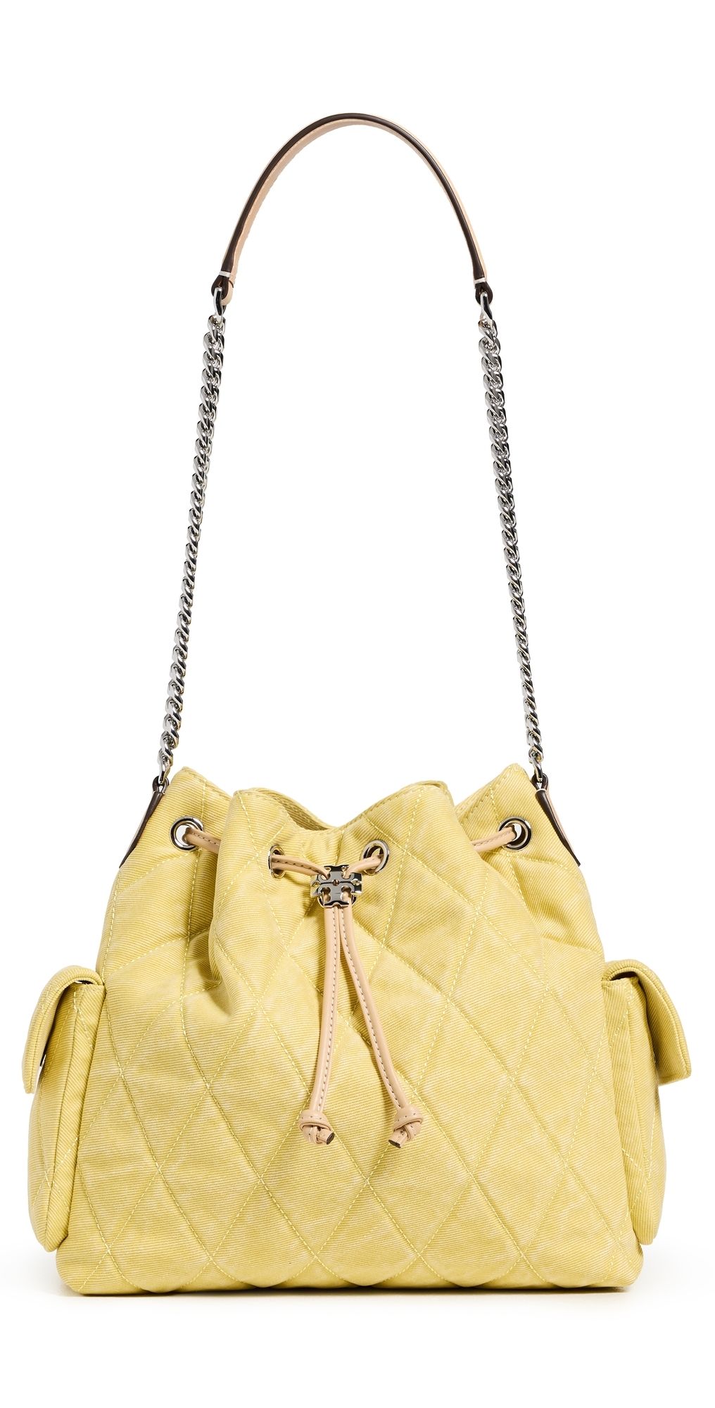 Tory Burch Charlie Quilted Denim Drawstring Shoulder Bag Yellow One Size