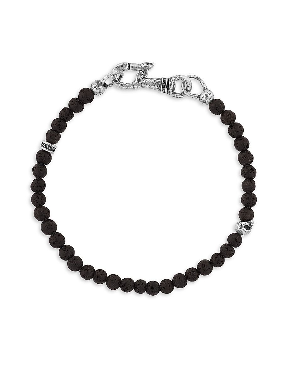 Men's Skull Sterling Silver & Lava Stone Beaded Bracelet - Silver