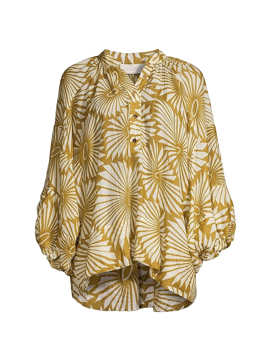 Women's Pinwheel Balloon-Sleeve Blouse - Green Pinwheel - Size 2