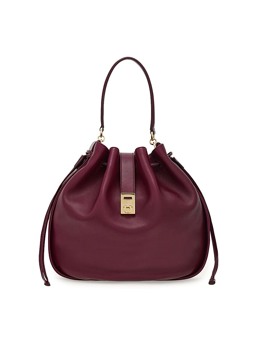 Women's Hug Drawstring Leather Bucket Bag - Plum