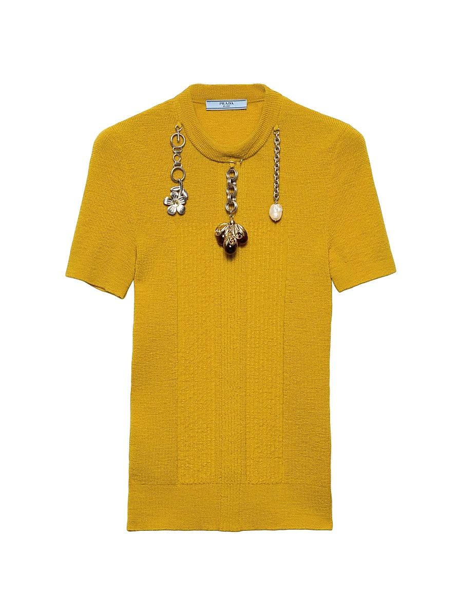 Women's Short-Sleeved Wool Sweater - Yellow - Size 8