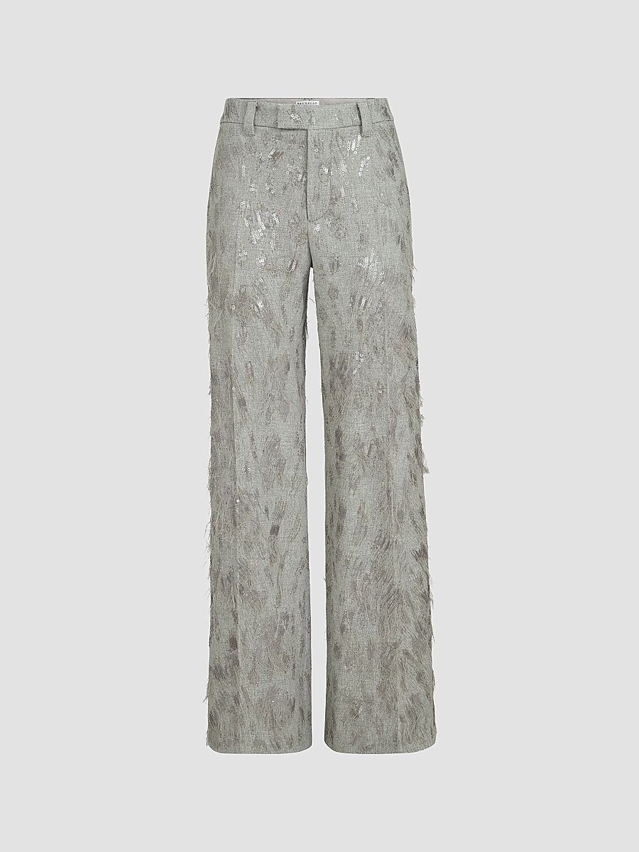 Women's Virgin Wool and Cashmere Twill Flannel Loose Flared Trousers - Grey - Size 10