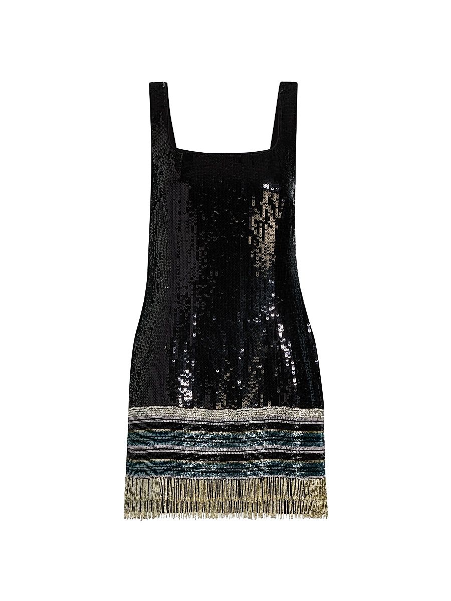 Women's Augustine Embellished Fringe Minidress - Black Multi - Size Large