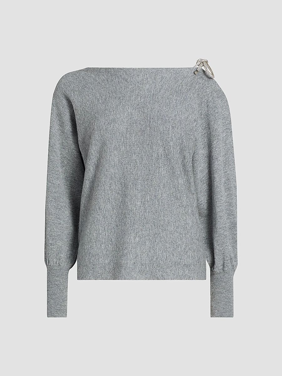 Milly Women's Ida Ots Embellished-Tie Sweater - Grey Heather - Size XL