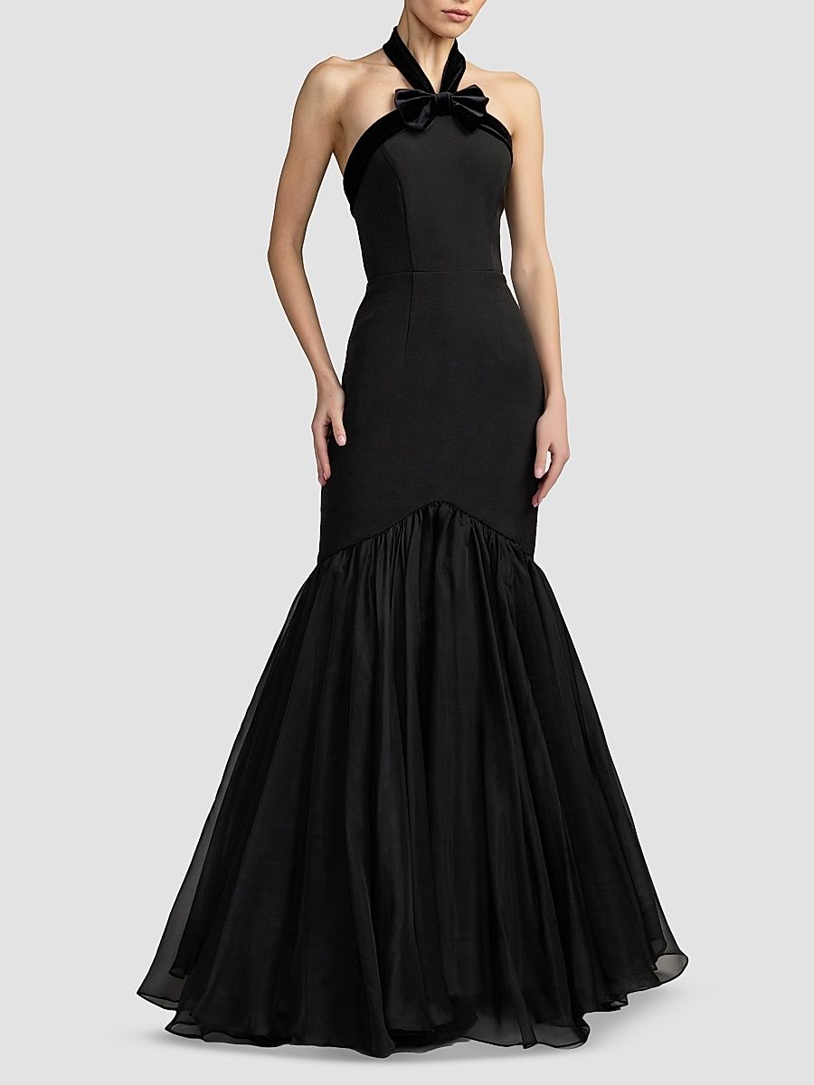 Women's Halter Bow Mermaid Chiffon Gown - Black - Size 2