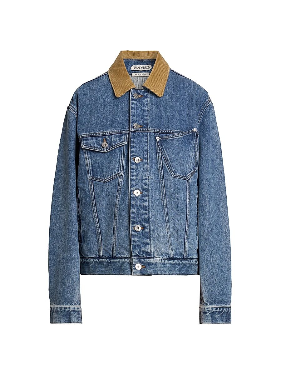 Women's Corduroy-Collar Denim Jacket - Mid Blue - Size Medium