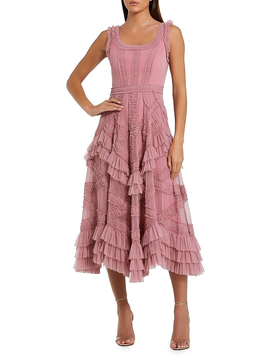 Women's Mesh Ruffled Scoopneck Midi-Dress - Antique Rose - Size 16