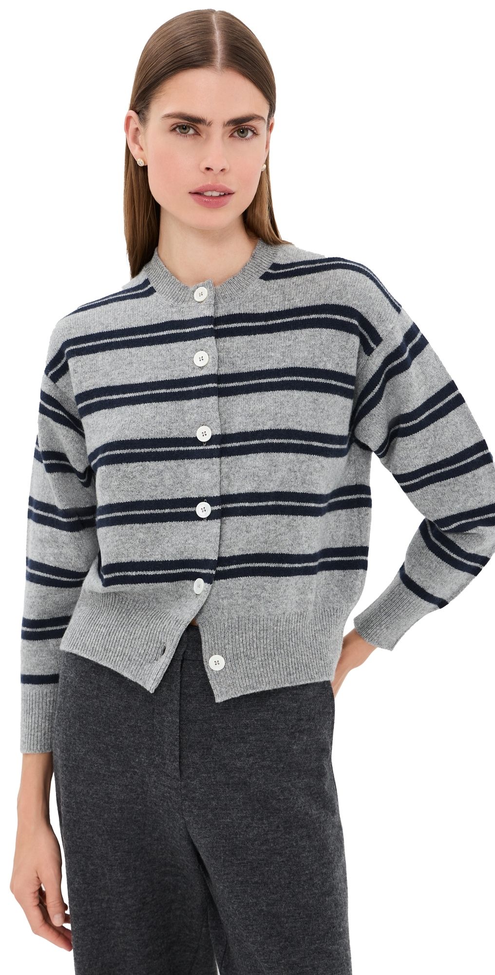 &Daughter The Ada Stripe Cardigan Flannel Grey w/ Dark Navy Stripe S