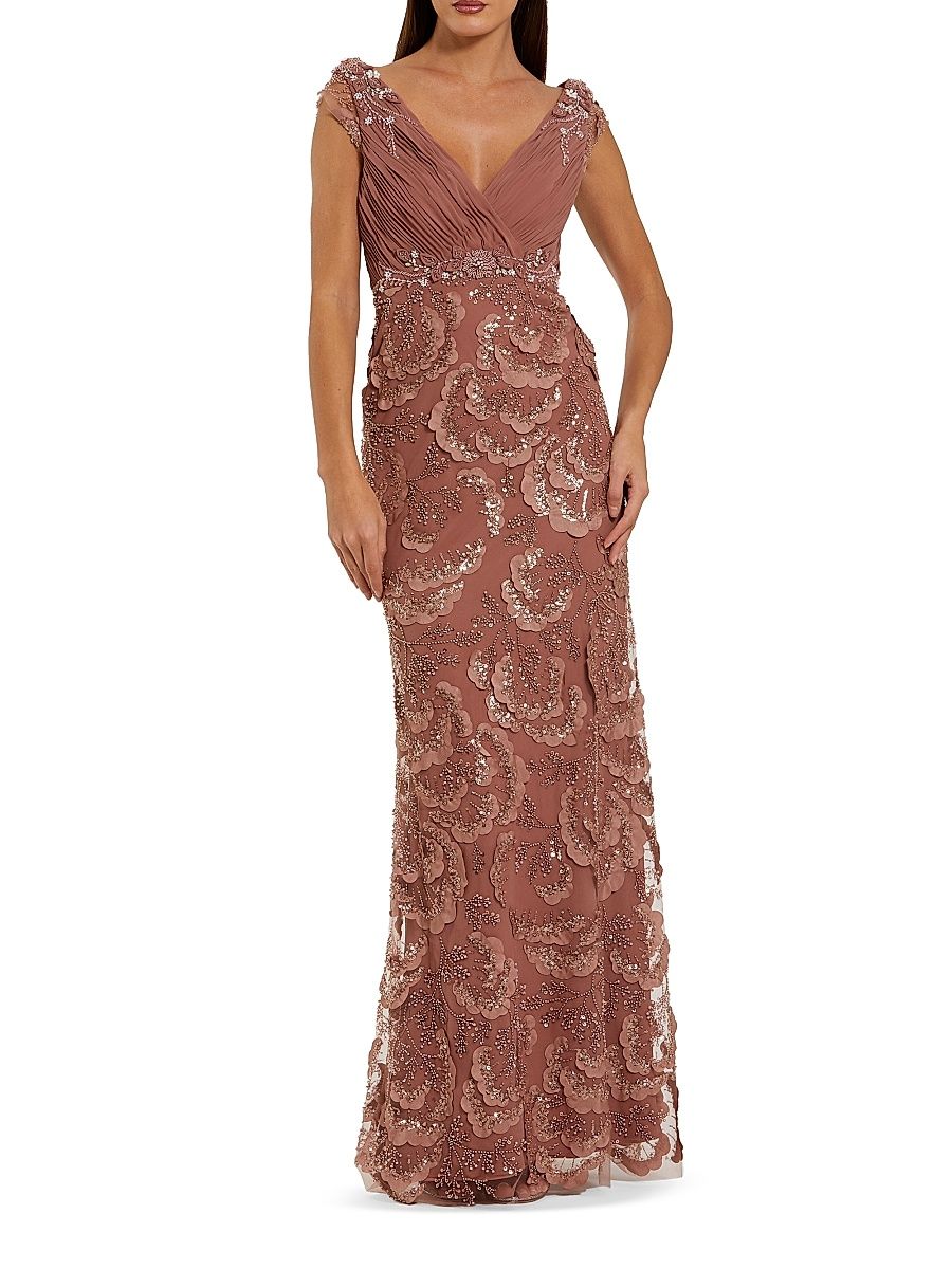 Women's Petite Floral-Appliqué Embellished Chiffon Column Gown - Rose - Size 12