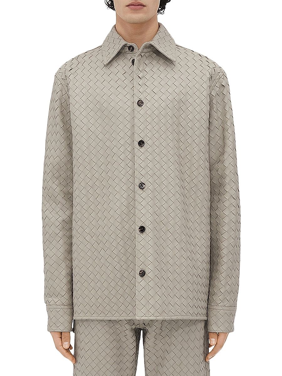 Men's Intrecciato Leather Shirt Jacket - Metallic Mist - Size 40